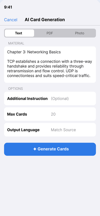 Lorebyte AI card generation screen with text, PDF, and photo sources.