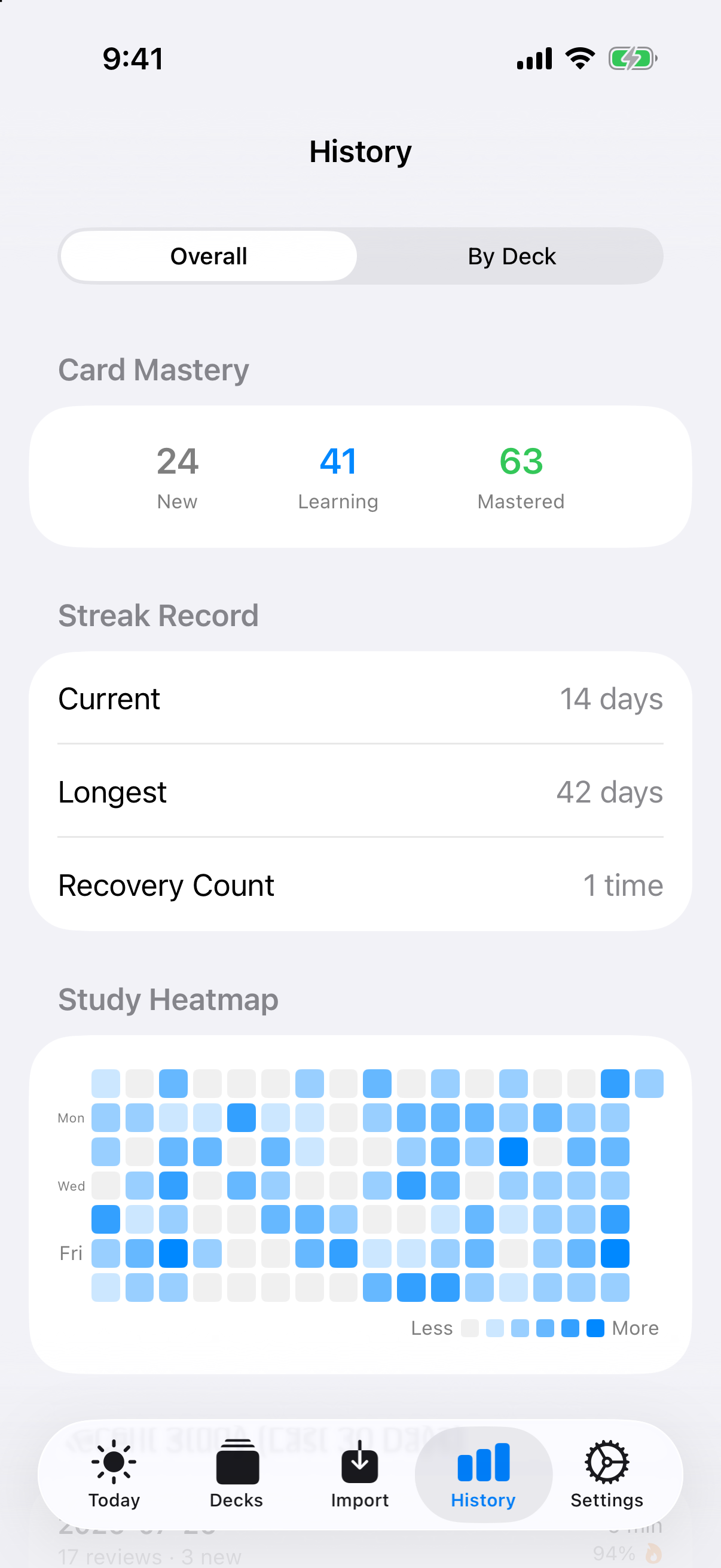 Lorebyte history screen — study heatmap and streaks