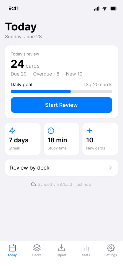 Lorebyte “Today” screen showing review counts and a daily goal.