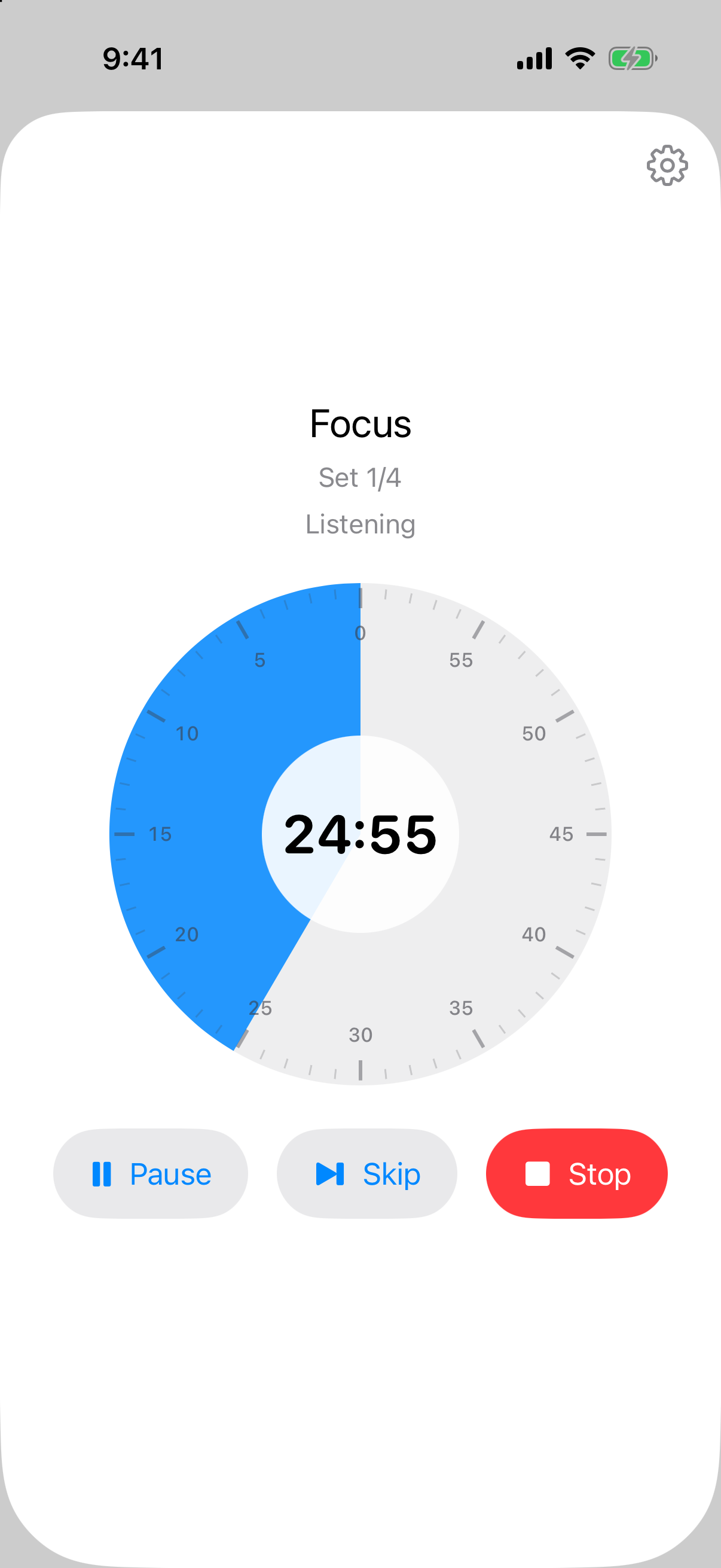 Lorebyte Timer running screen showing the analog disc face with remaining time as a colored sector.