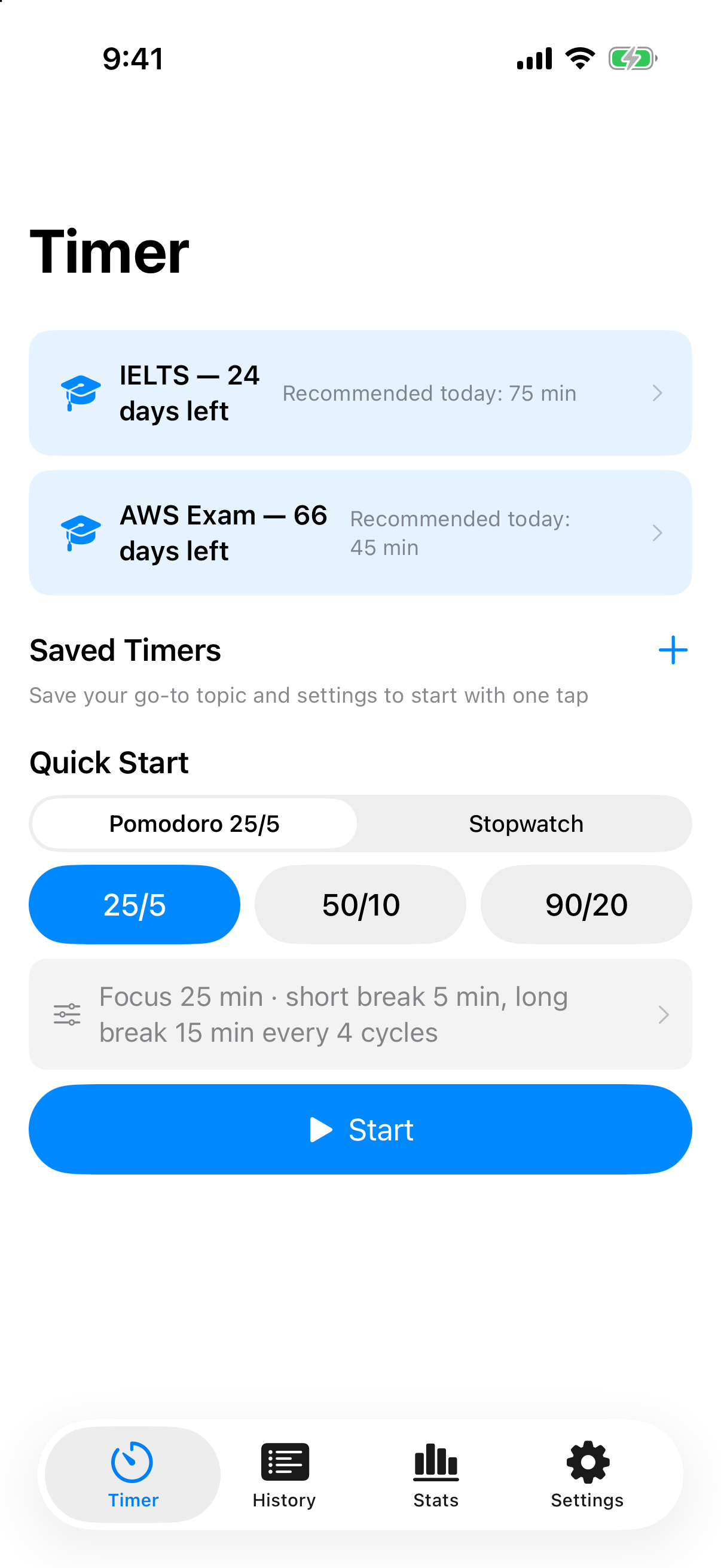 Lorebyte Timer home screen with exam countdowns and quick start.